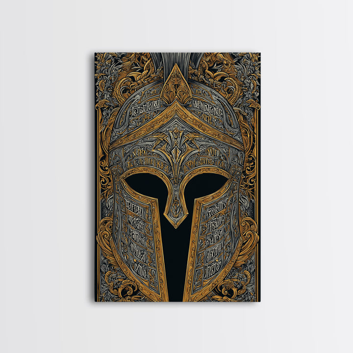 Engraved Bronze Helmet with Greek Script – Canvas Gold Art, Rustic Framed Canvas Art, Mythology-Inspired Warrior Wall Accent