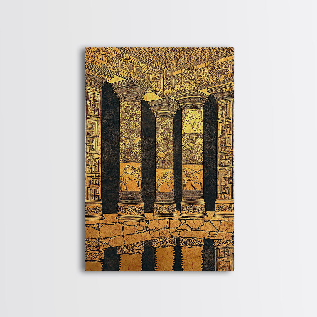 Ancient Greek Temple Columns, Canvas Gold Canvas Print, Classical Architecture Wall Art, Historic Decor, Real Wood Frame Artwork