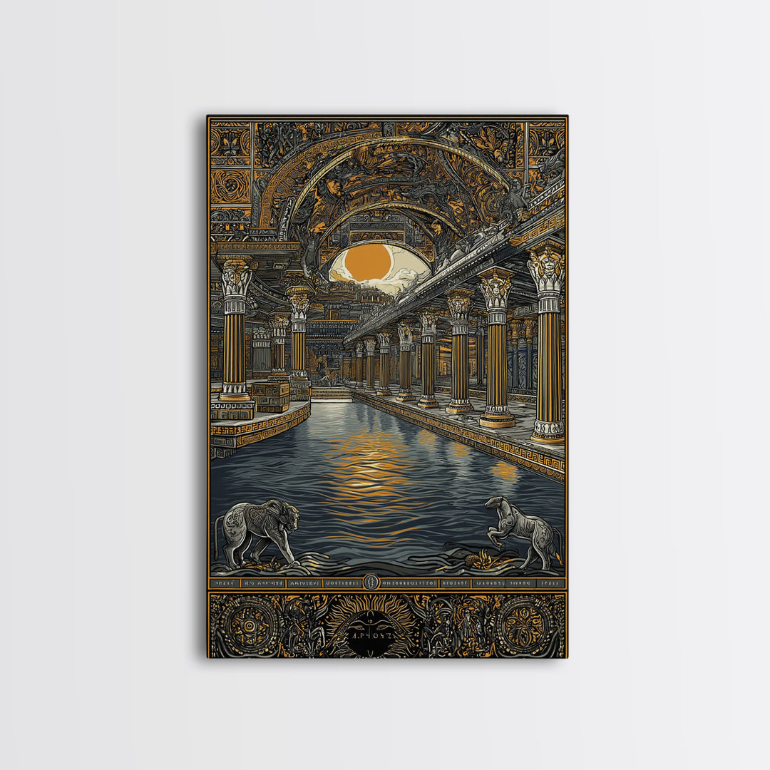 Ancient Temple Columns And Sun, Canvas Gold Canvas Print, Mythical Architecture Wall Art, Real Wood Framed Artwork