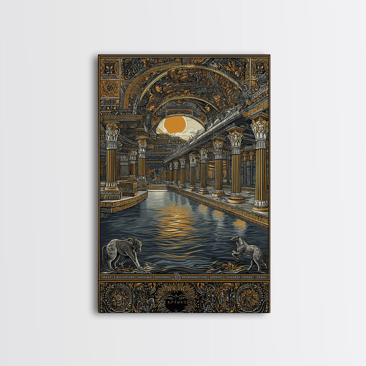 Ancient Temple Columns And Sun, Canvas Gold Canvas Print, Mythical Architecture Wall Art, Real Wood Framed Artwork