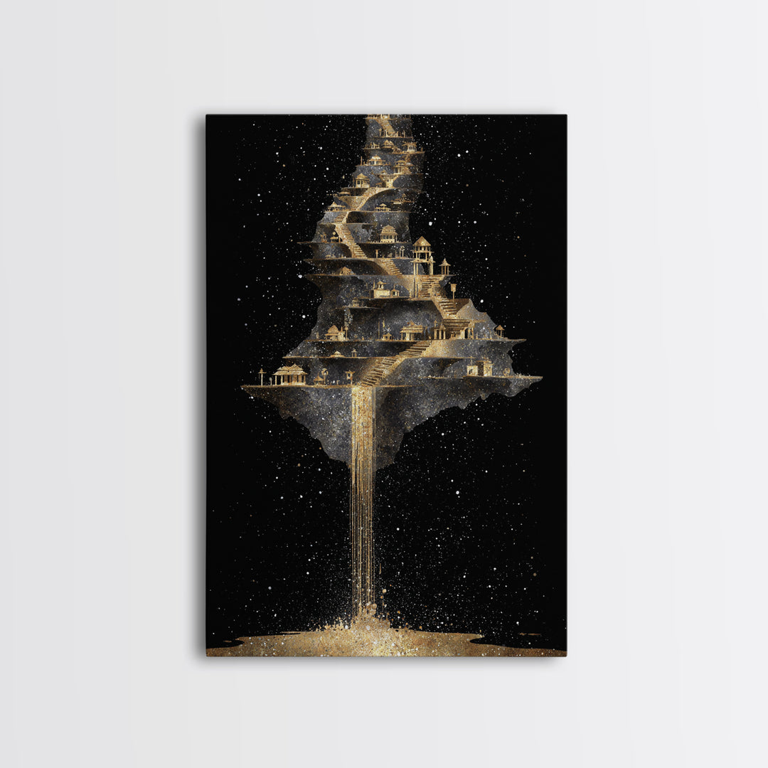 Floating Cosmic City Of Light, Canvas Gold Canvas Print, Fantasy Architecture Wall Art, Real Wood Framed Home Decor