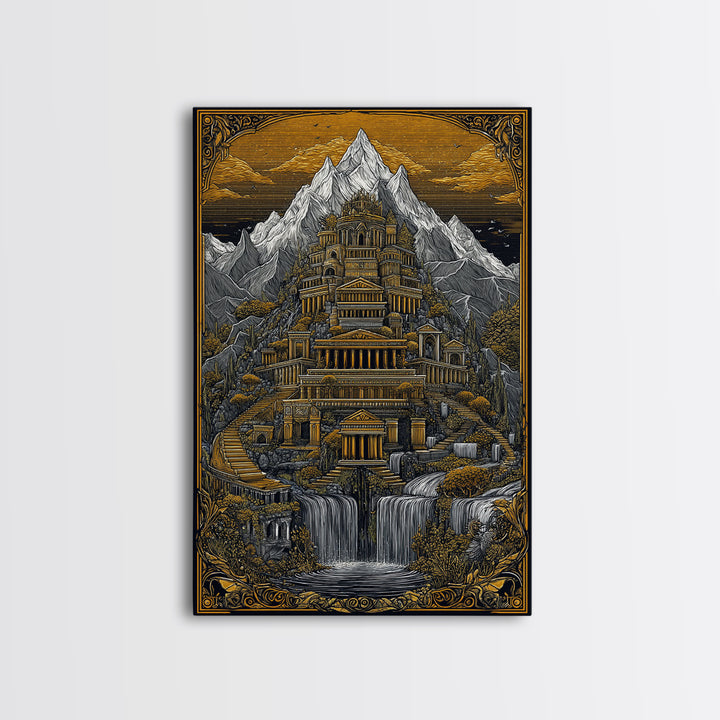 Mythical Mountain Palace With Waterfalls, Canvas Gold Canvas Print, Fantasy Landscape Art, Real Wood Framed Wall Decor