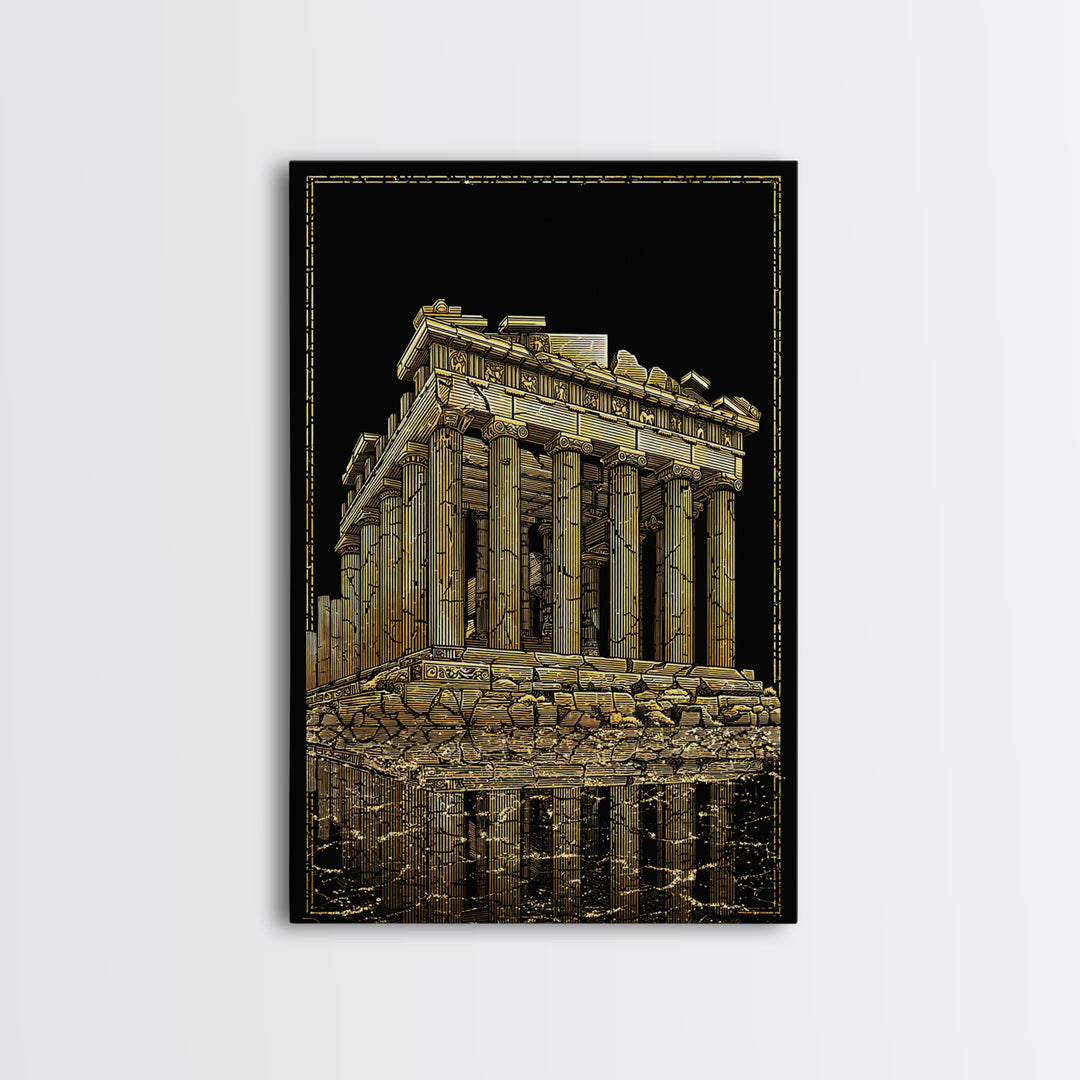 Ancient Ruins On Water Reflection, Canvas Gold Canvas Print, Classical Greek Architecture Wall Art, Real Wood Framed Art