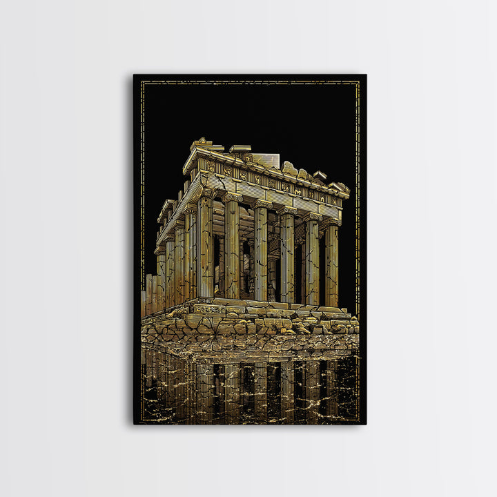 Ancient Ruins On Water Reflection, Canvas Gold Canvas Print, Classical Greek Architecture Wall Art, Real Wood Framed Art