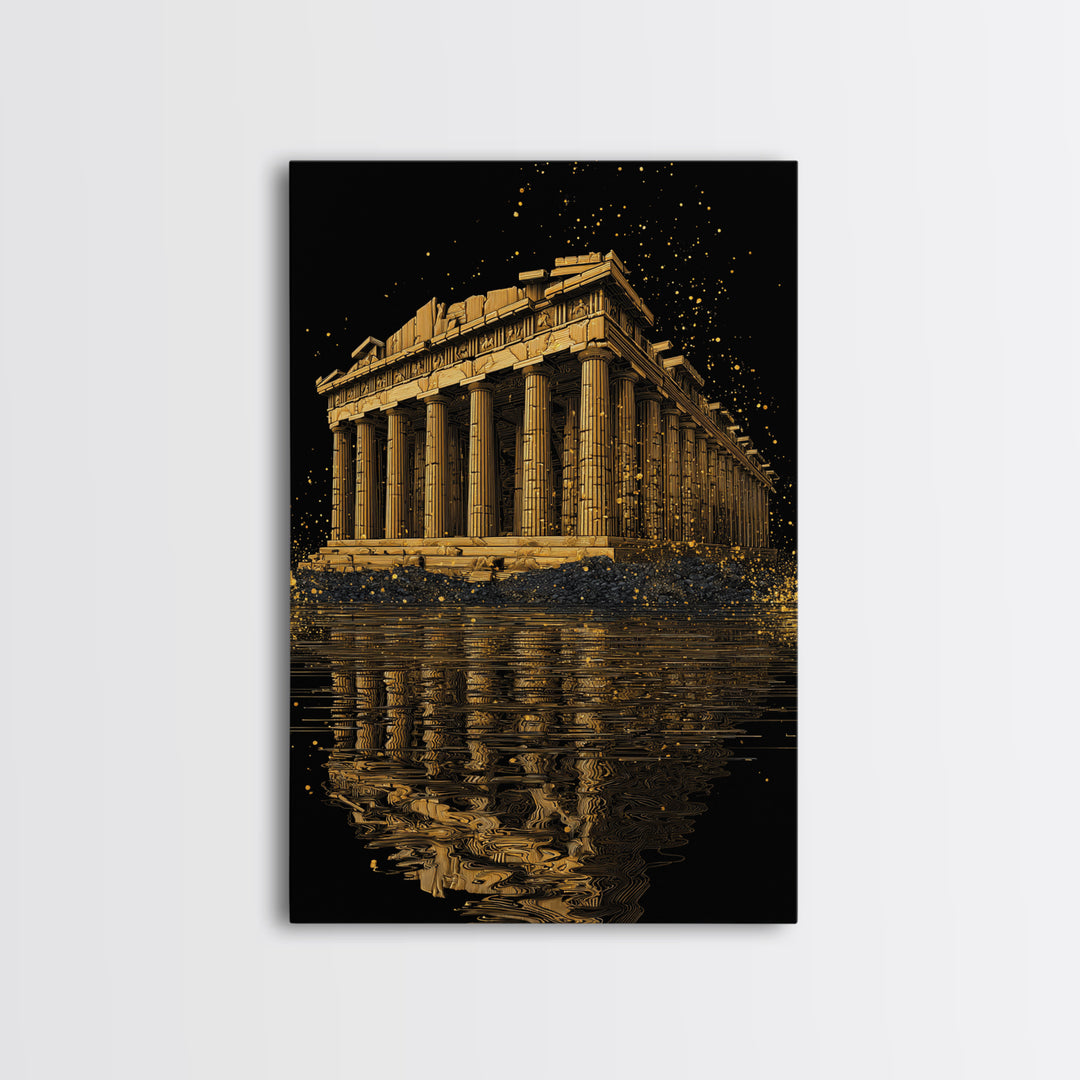 Parthenon Temple Reflection Shimmer, Canvas Gold Canvas Print, Ancient Greek Architecture Artwork, Real Wood Framed Decor