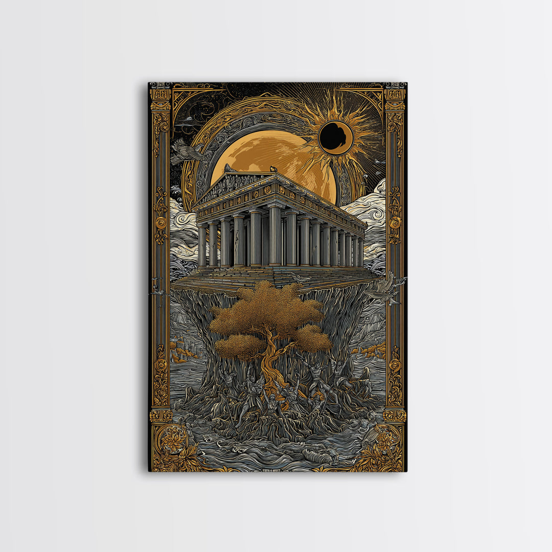 Temple Under Eclipse Sun And Stars, Canvas Gold Canvas Print, Mythical Fantasy Architecture Wall Art, Real Wood Framed Art