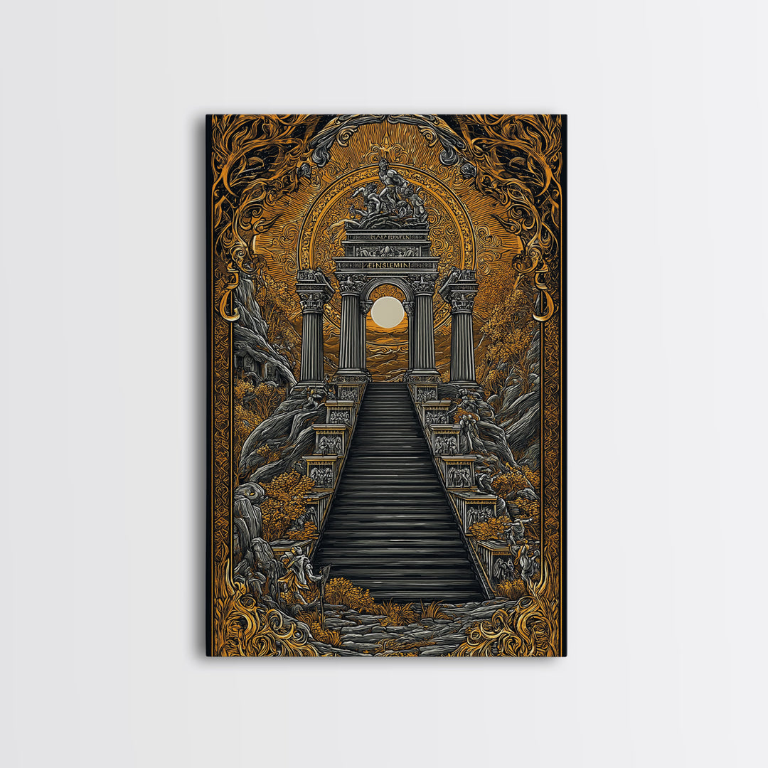 Grand Temple Archway And Stairs, Canvas Gold Canvas Print, Mythical Ancient Architecture Artwork, Real Wood Framed Decor