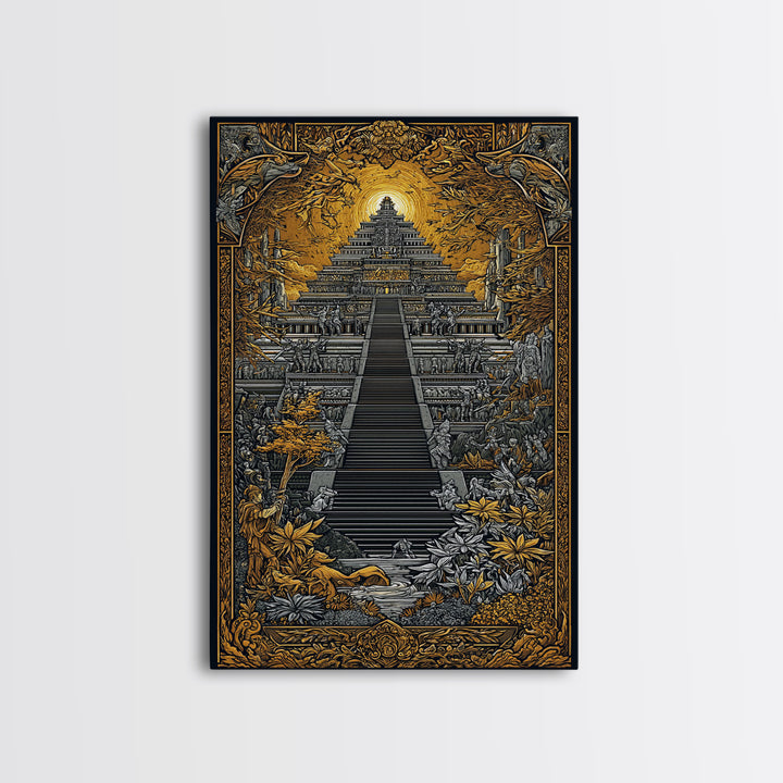 Mythical Ziggurat Sunlit Temple, Canvas Gold Canvas Print, Ancient Fantasy Architecture Wall Art, Real Wood Framed Artwork