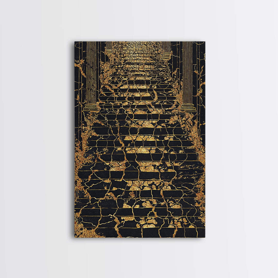 Cracked Marble Golden Stairway, Canvas Gold Art, Mythical Abstract Architecture Artwork, Real Wood Framed Wall Decor