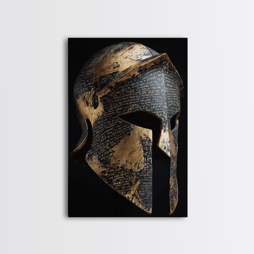 Heavily Ornamented Greek Helmet with Laurel Motif – Canvas Gold Art, Premium Framed Canvas Art with Real Wood, Heroic Wall Display