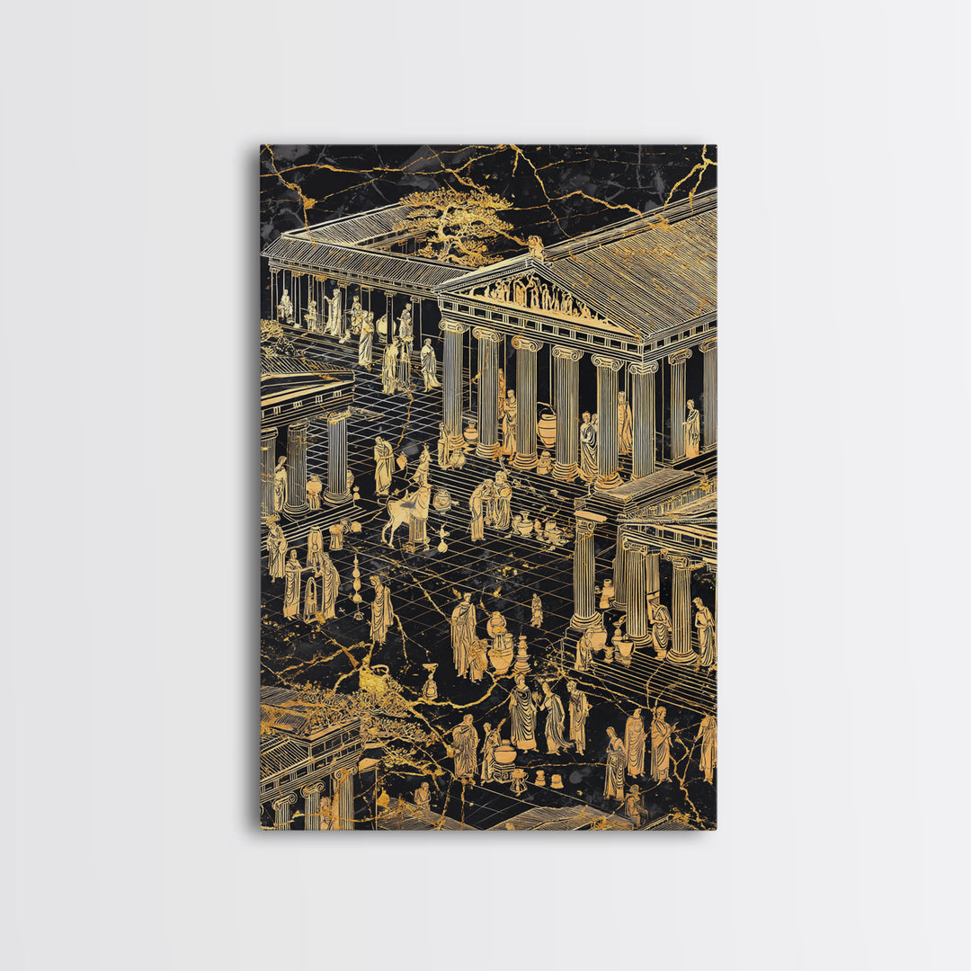 Ancient Marketplace With Temples, Canvas Gold Canvas Print, Classical Greek Architecture Wall Art, Real Wood Framed Decor