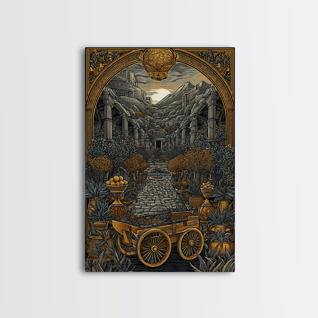 Ancient Courtyard With Columns And Citrus Trees, Canvas Gold Canvas Print, Mythical Garden Wall Art, Real Wood Framed Decor