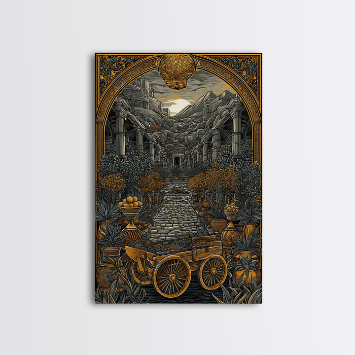 Ancient Courtyard With Columns And Citrus Trees, Canvas Gold Canvas Print, Mythical Garden Wall Art, Real Wood Framed Decor