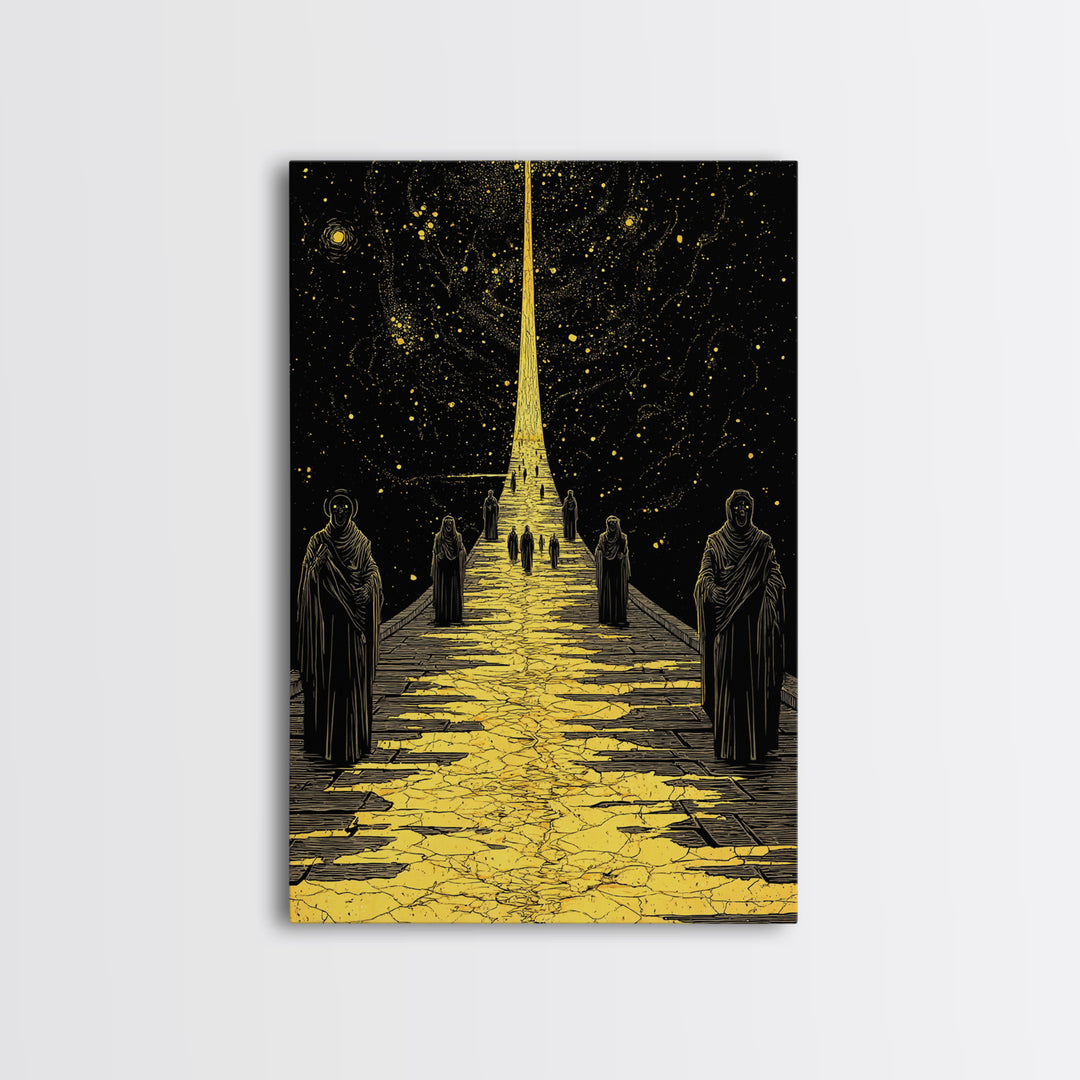 Celestial Path Of Golden Light, Canvas Gold Art, Mystical Night Sky Fantasy Print, Real Wood Framed Wall Artwork