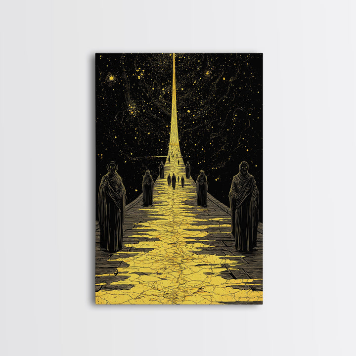 Celestial Path Of Golden Light, Canvas Gold Art, Mystical Night Sky Fantasy Print, Real Wood Framed Wall Artwork