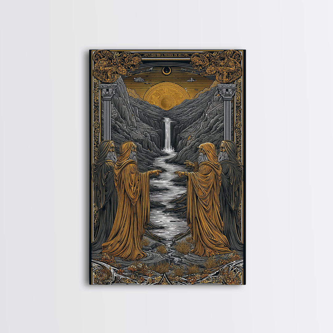 Golden Sun Over Waterfall Valley, Canvas Gold Canvas Print, Mythical Landscape Fantasy Art, Real Wood Framed Wall Decor