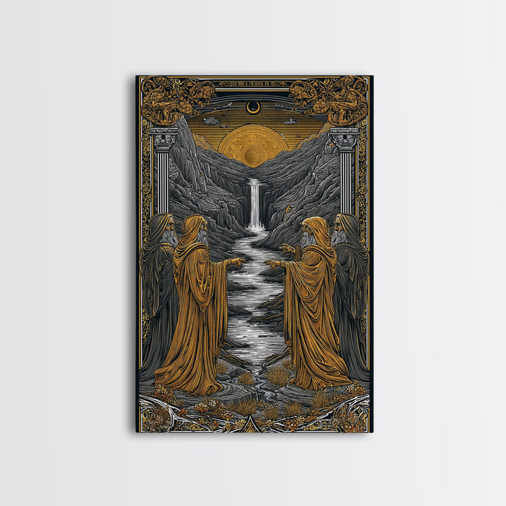 Golden Sun Over Waterfall Valley, Canvas Gold Canvas Print, Mythical Landscape Fantasy Art, Real Wood Framed Wall Decor