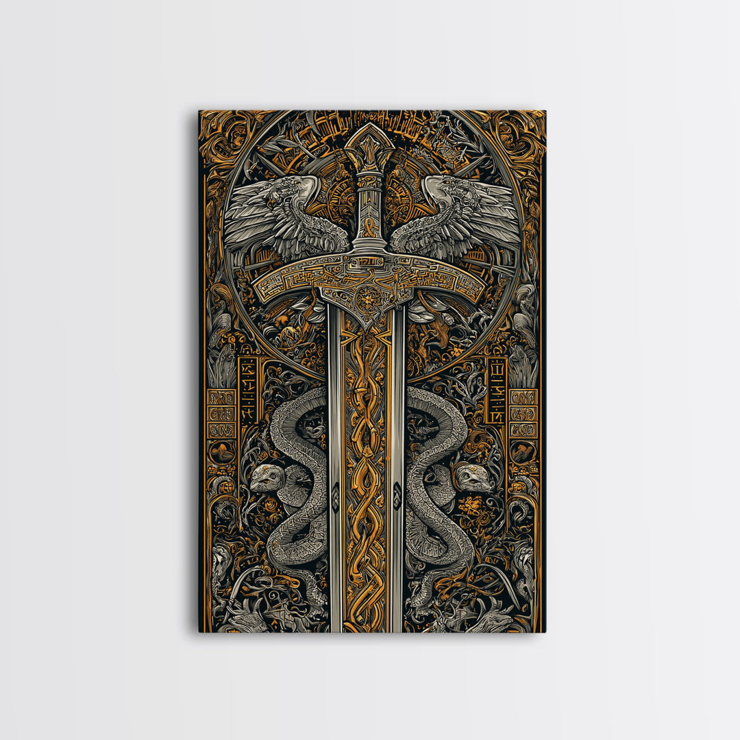 Ornate Sword With Serpents And Wings, Canvas Gold Canvas Print, Medieval Fantasy Wall Art, Real Wood Framed Artwork