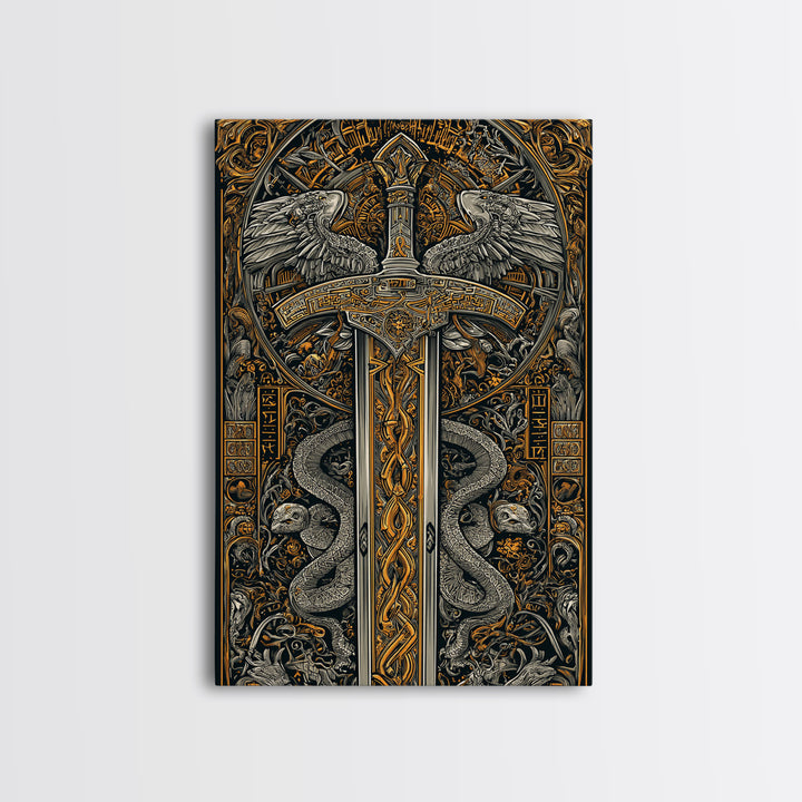 Ornate Sword With Serpents And Wings, Canvas Gold Canvas Print, Medieval Fantasy Wall Art, Real Wood Framed Artwork