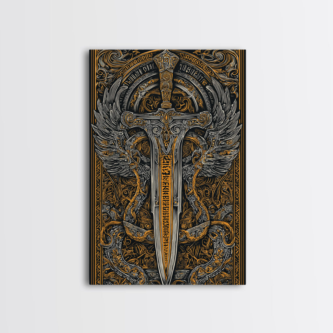 Winged Sword Surrounded By Dragons, Canvas Gold Art, Medieval Fantasy Canvas Print, Real Wood Framed Mythical Decor