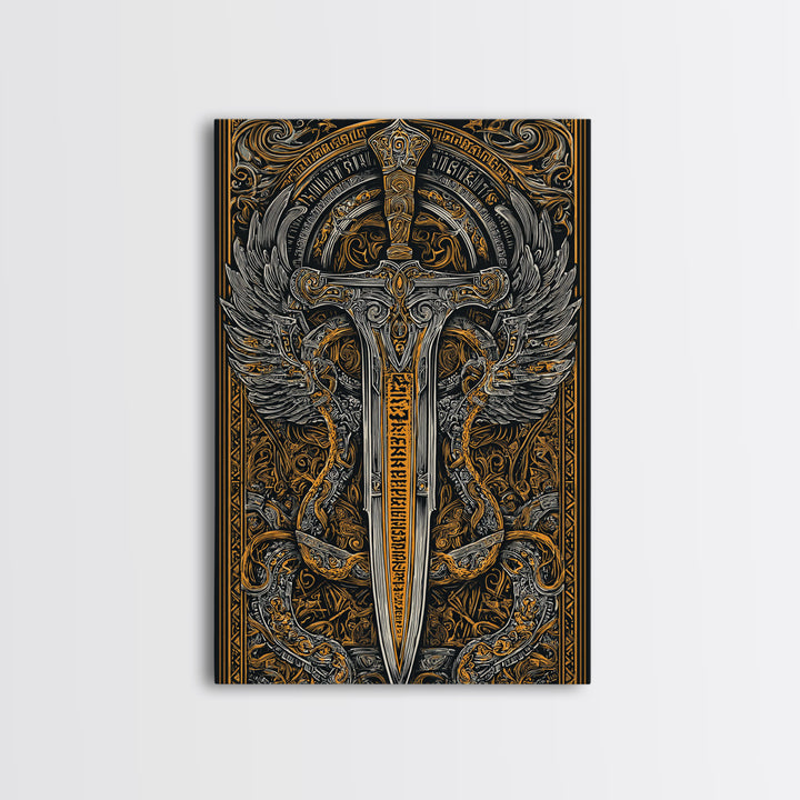 Winged Sword Surrounded By Dragons, Canvas Gold Art, Medieval Fantasy Canvas Print, Real Wood Framed Mythical Decor