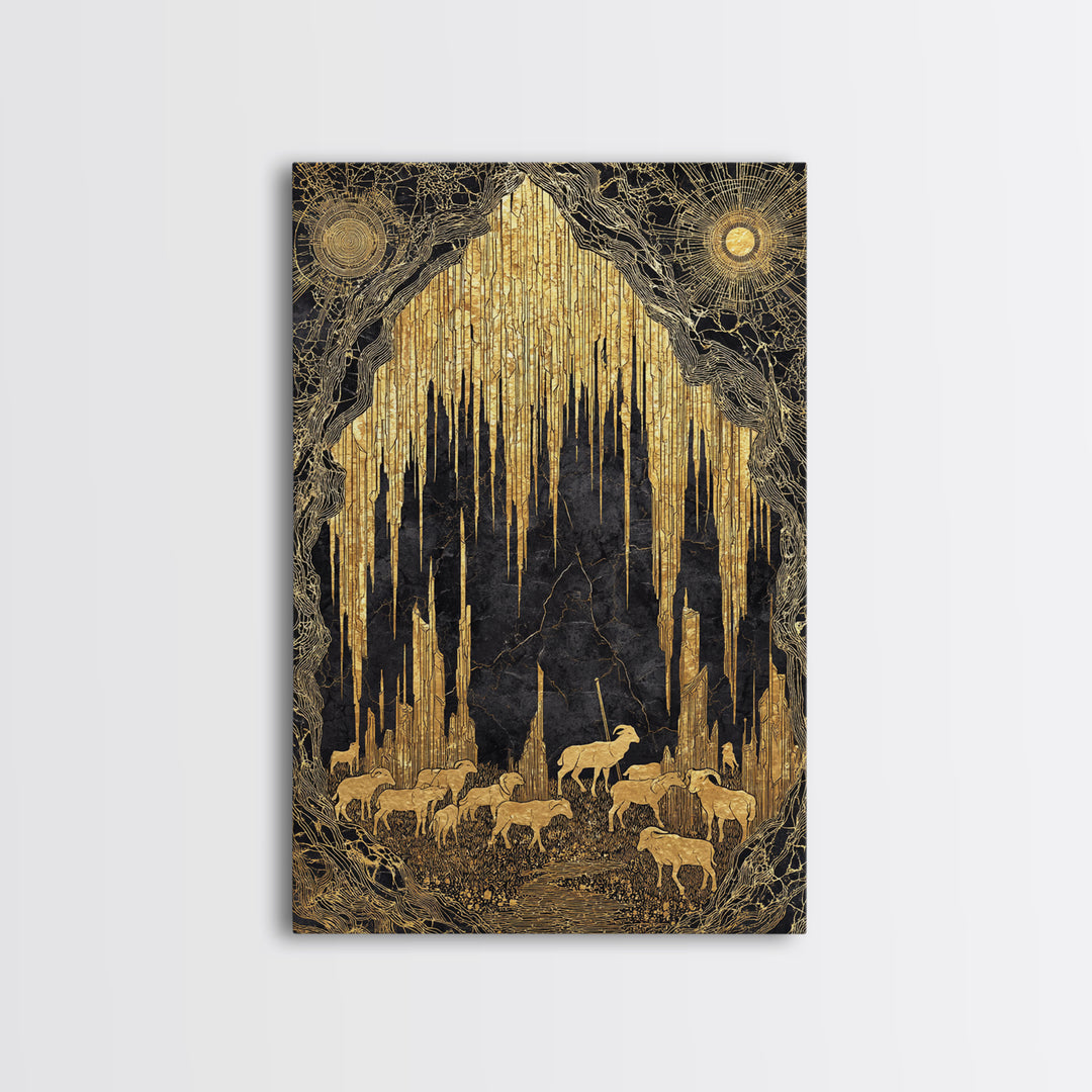Golden Cave With Mountain Goats, Canvas Gold Canvas Print, Mythical Nature Landscape Art, Real Wood Framed Wall Decor