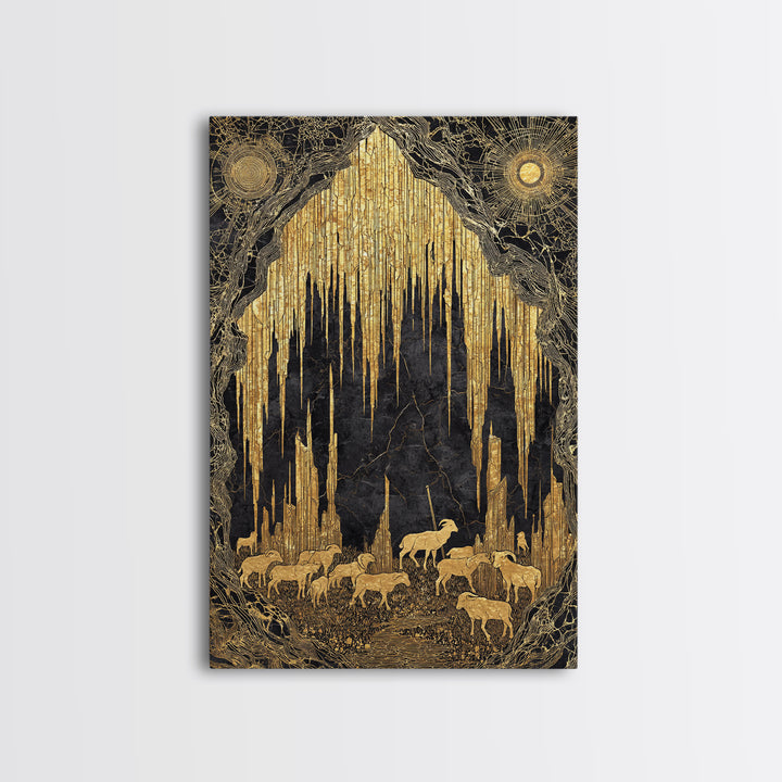Golden Cave With Mountain Goats, Canvas Gold Canvas Print, Mythical Nature Landscape Art, Real Wood Framed Wall Decor
