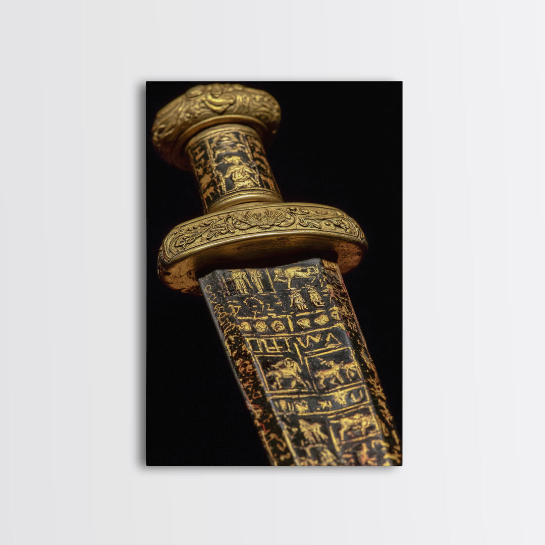 Ancient Sword With Etched Symbols, Canvas Gold Canvas Print, Mystical Weaponry Wall Art, Real Wood Framed Artwork