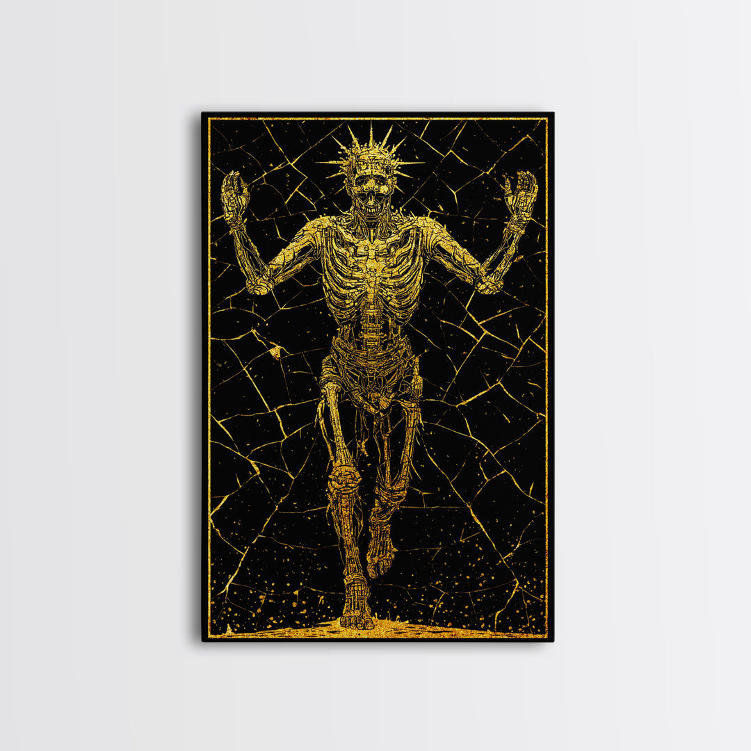 Golden Skeleton With Radiant Crown, Canvas Gold Art, Mythical Dark Fantasy Wall Print, Real Wood Framed Decor