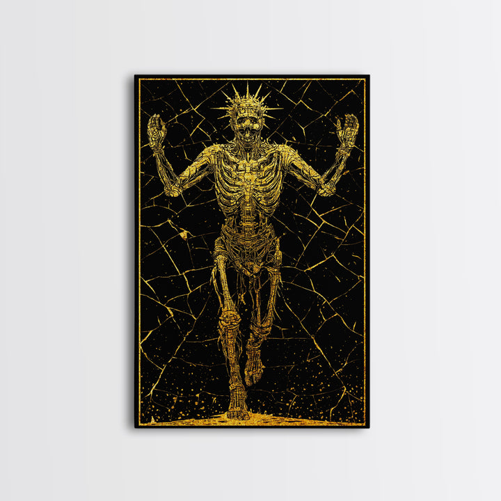Golden Skeleton With Radiant Crown, Canvas Gold Art, Mythical Dark Fantasy Wall Print, Real Wood Framed Decor