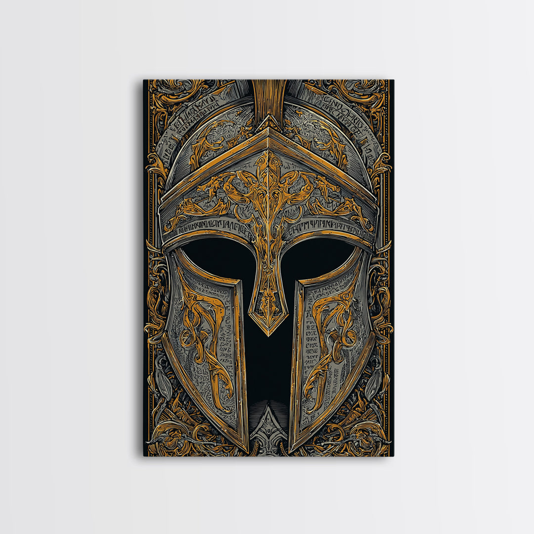 Antiquity Helmet with Battle Scars and Etchings – Canvas Gold Art, Canvas Art with Real Wood Frame, Spartan History Wall Print
