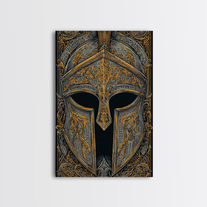 Antiquity Helmet with Battle Scars and Etchings – Canvas Gold Art, Canvas Art with Real Wood Frame, Spartan History Wall Print
