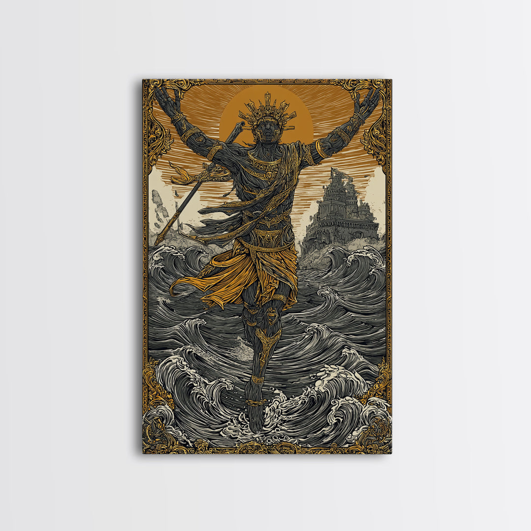 Sea God Statue Rising From Waves, Canvas Gold Canvas Print, Mythical Ocean Fantasy Wall Art, Real Wood Framed Decor