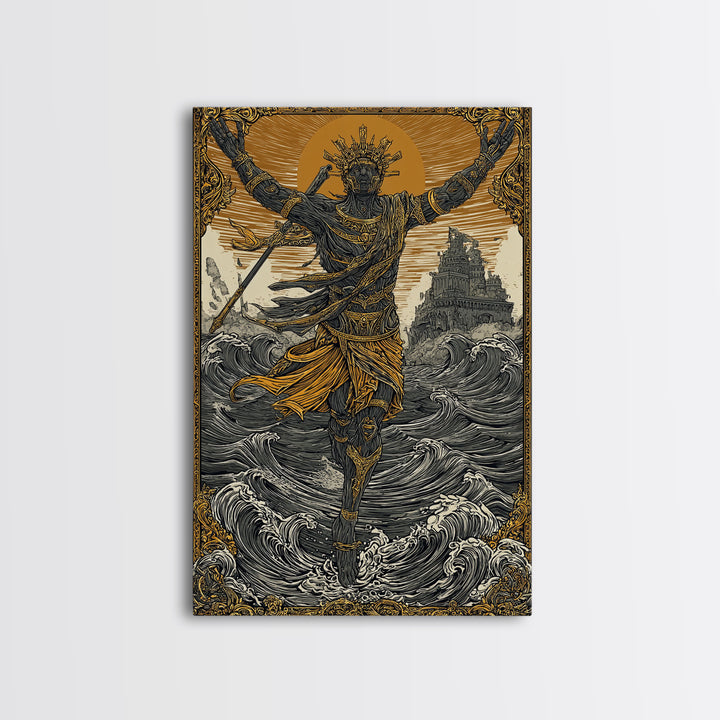 Sea God Statue Rising From Waves, Canvas Gold Canvas Print, Mythical Ocean Fantasy Wall Art, Real Wood Framed Decor