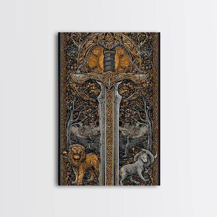Sword With Lion And Ram Guardians, Canvas Gold Canvas Print, Mythical Medieval Wall Art, Real Wood Framed Fantasy Decor