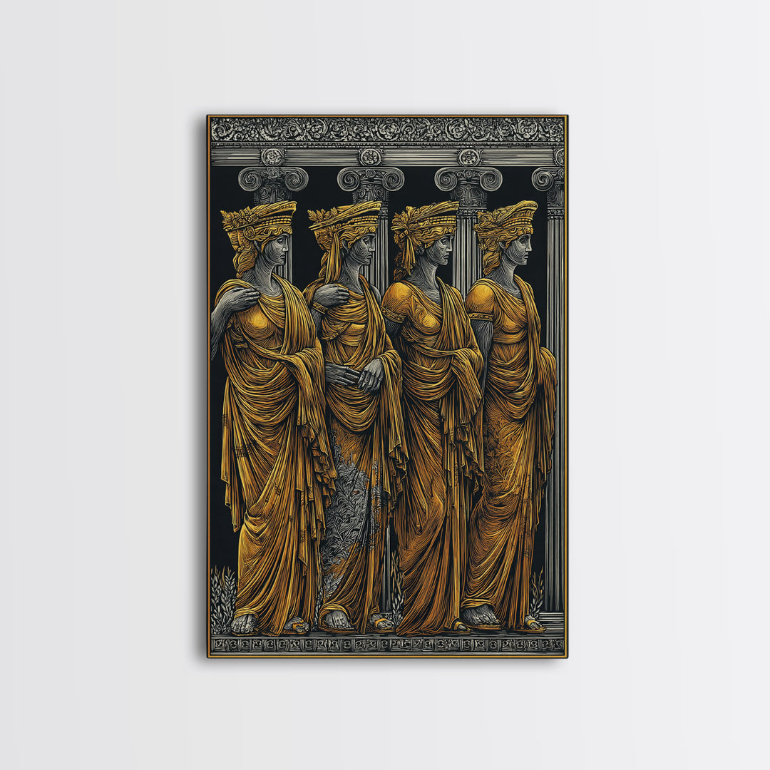 Ancient Greek Caryatids Canvas Gold Canvas Print, Classical Architecture Wall Art, Real Wood Frame Home Decor
