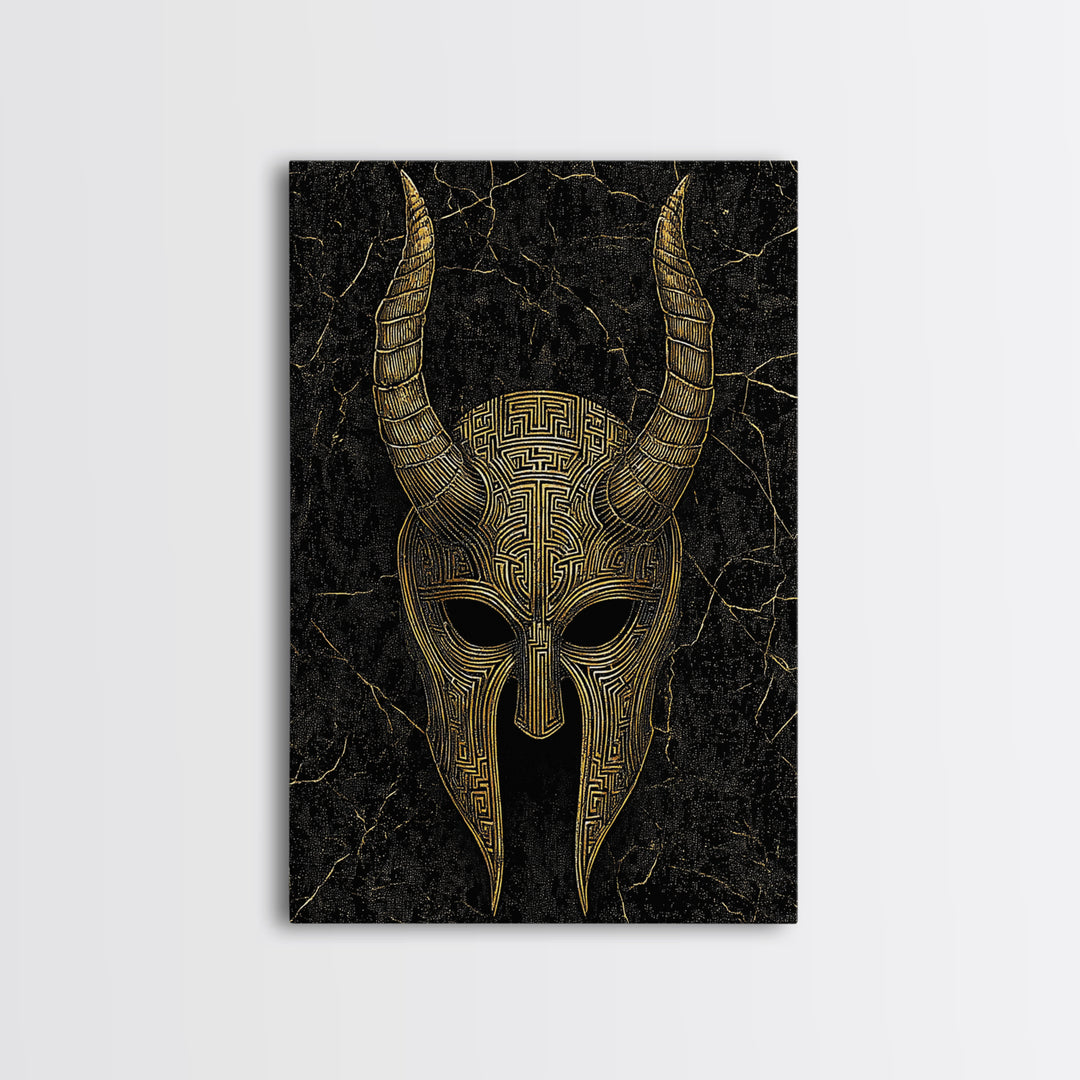 Horned Spartan Helmet Canvas Gold Art, Mythology Warrior Canvas Print, Real Wood Frame Greek Wall Decor