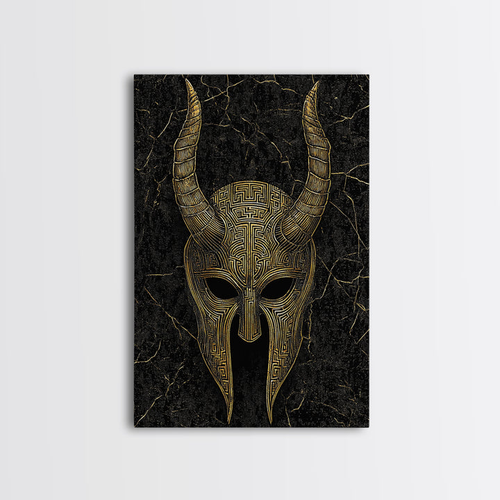 Horned Spartan Helmet Canvas Gold Art, Mythology Warrior Canvas Print, Real Wood Frame Greek Wall Decor