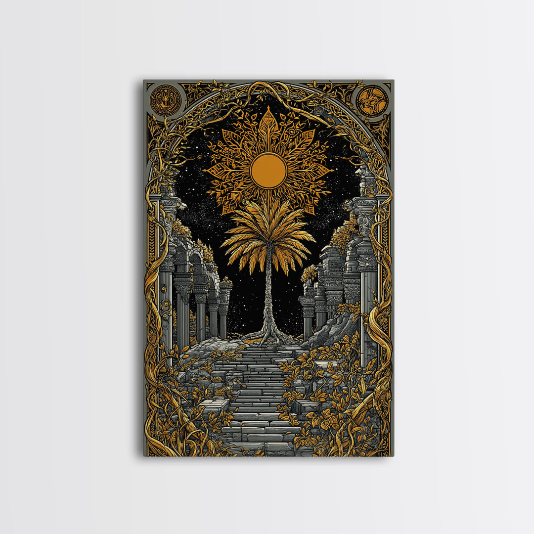 Golden Sun And Palm Canvas Gold Canvas Print, Mythical Ruins Wall Art, Real Wood Frame Ancient Greece Decor