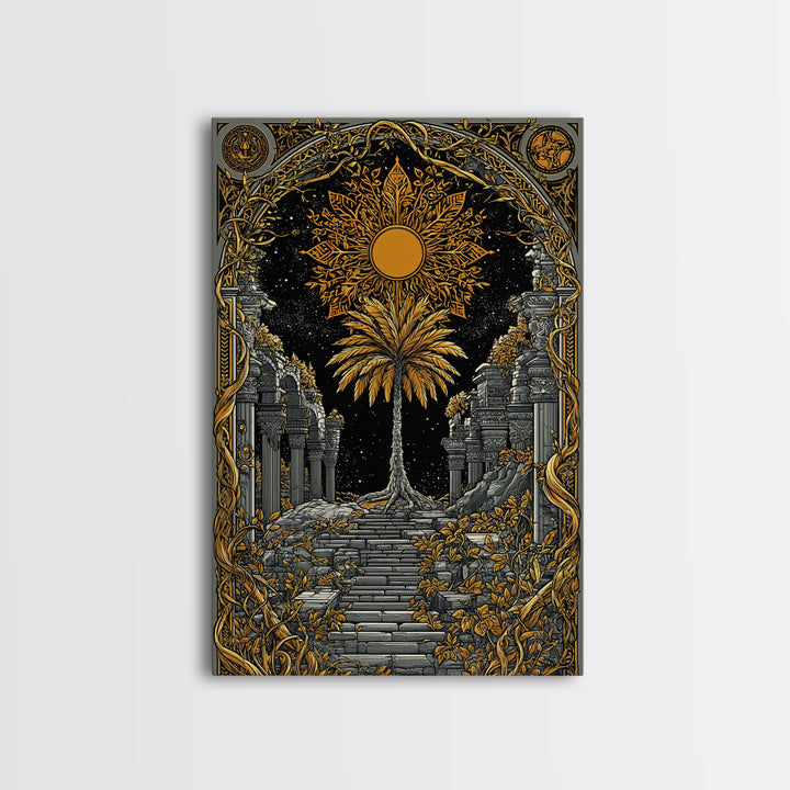 Golden Sun And Palm Canvas Gold Canvas Print, Mythical Ruins Wall Art, Real Wood Frame Ancient Greece Decor