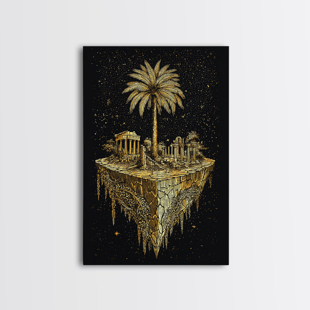 Floating Island Ruins Canvas Gold Art, Ancient Greek Temple Canvas Print, Real Wood Frame Mythology Decor