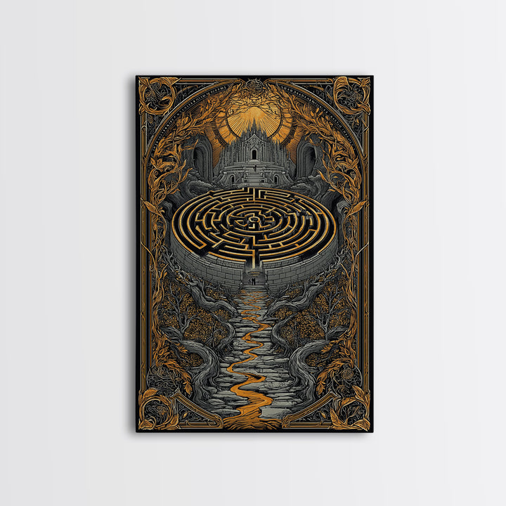 Labyrinth Path Canvas Gold Canvas Print, Ancient Maze Wall Art, Real Wood Frame Mythology Inspired Decor