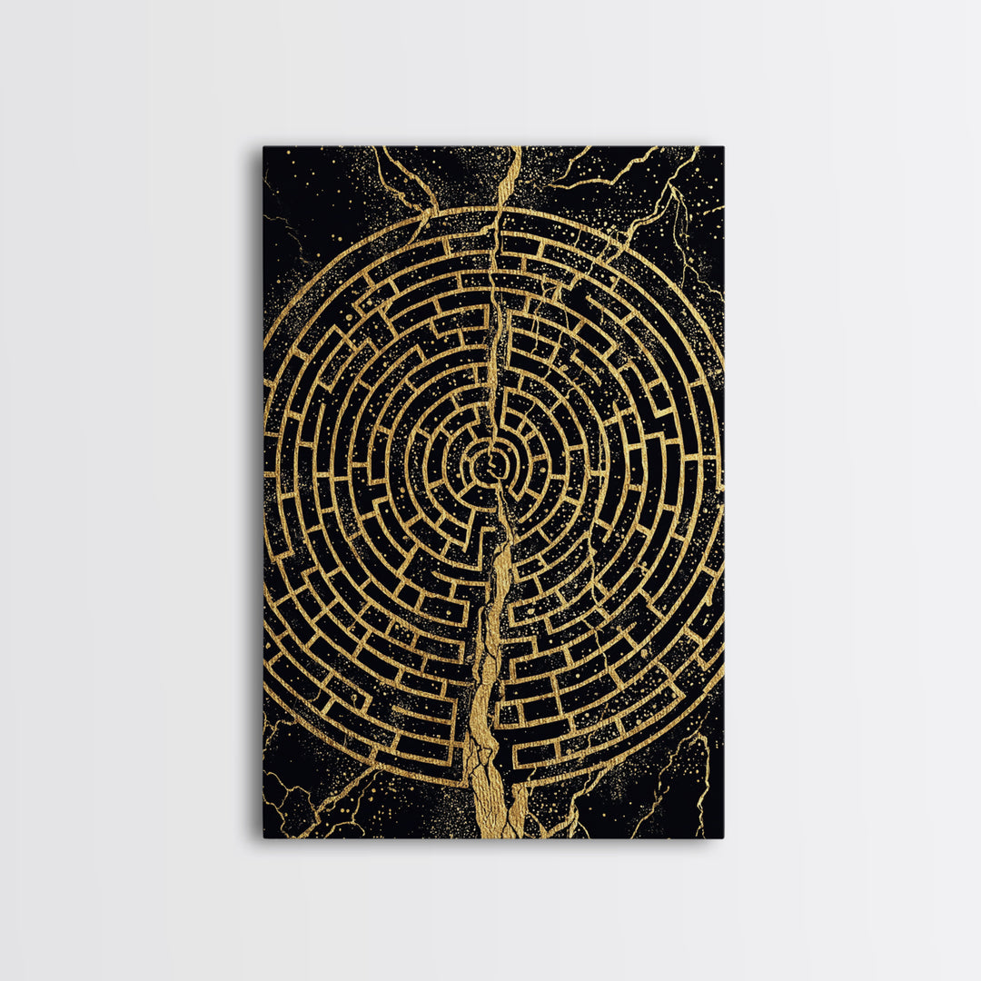 Circular Labyrinth Canvas Gold Art, Ancient Greek Maze Canvas Print, Real Wood Frame Mythology Wall Decor