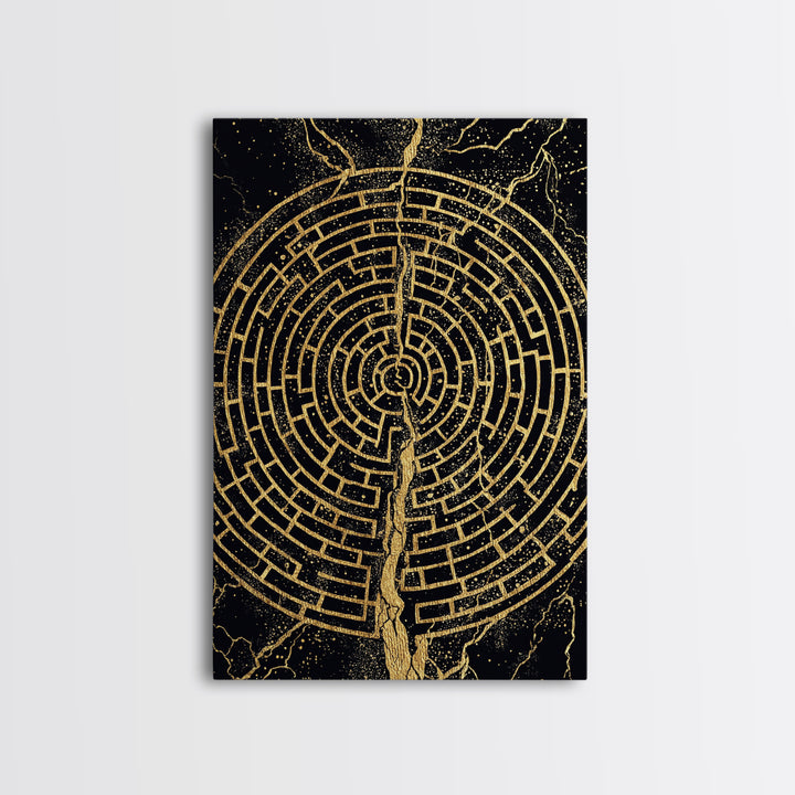 Circular Labyrinth Canvas Gold Art, Ancient Greek Maze Canvas Print, Real Wood Frame Mythology Wall Decor