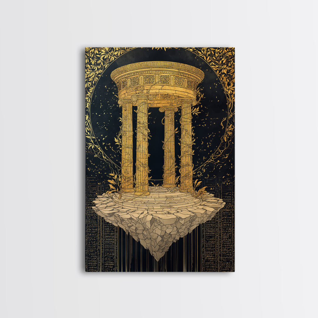 Floating Temple Canvas Gold Canvas Print, Classical Architecture Art, Real Wood Frame Ancient Greece Decor