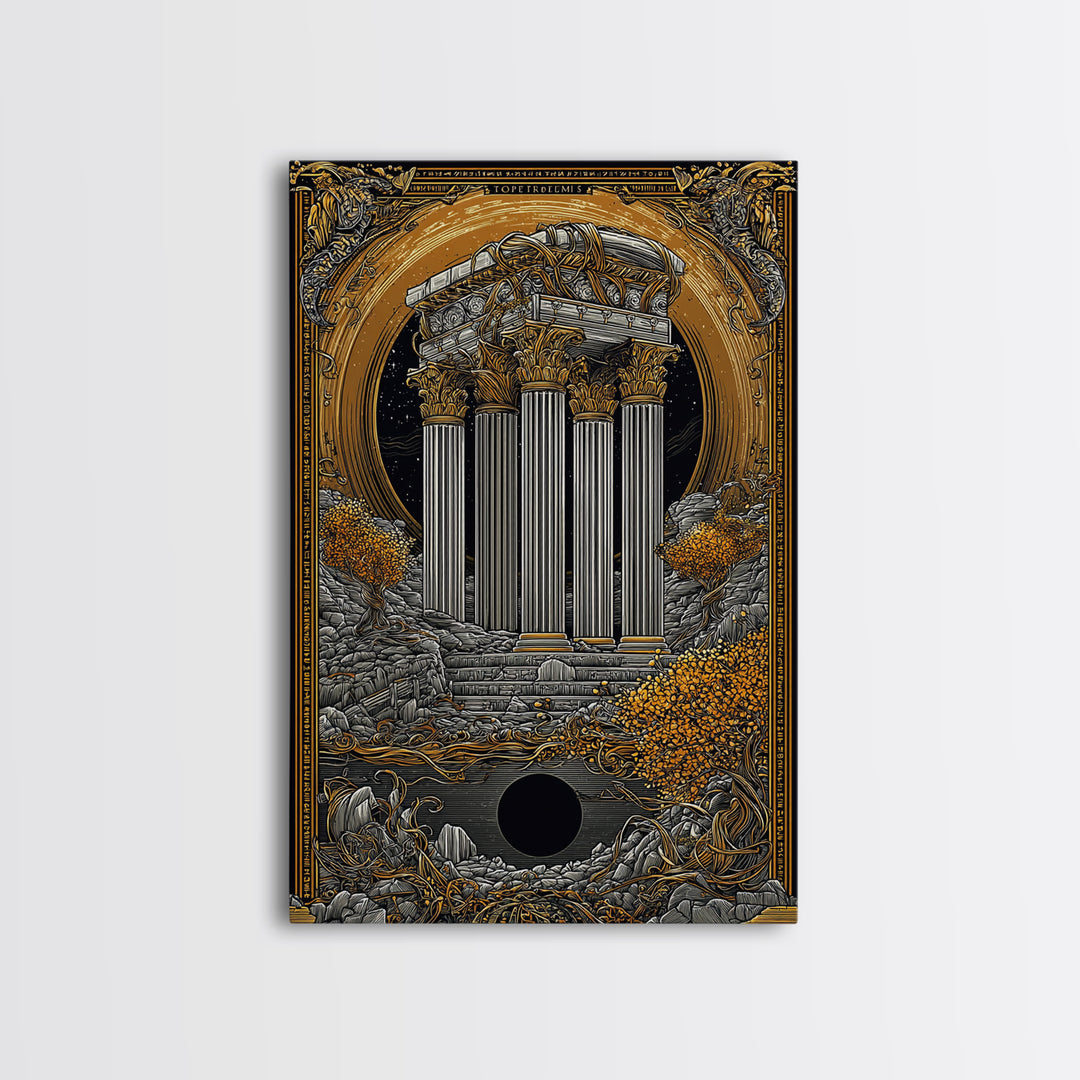 Ancient Greek Columns Canvas Gold Art, Ruins Wall Decor Canvas Print, Real Wood Frame Classical Architecture