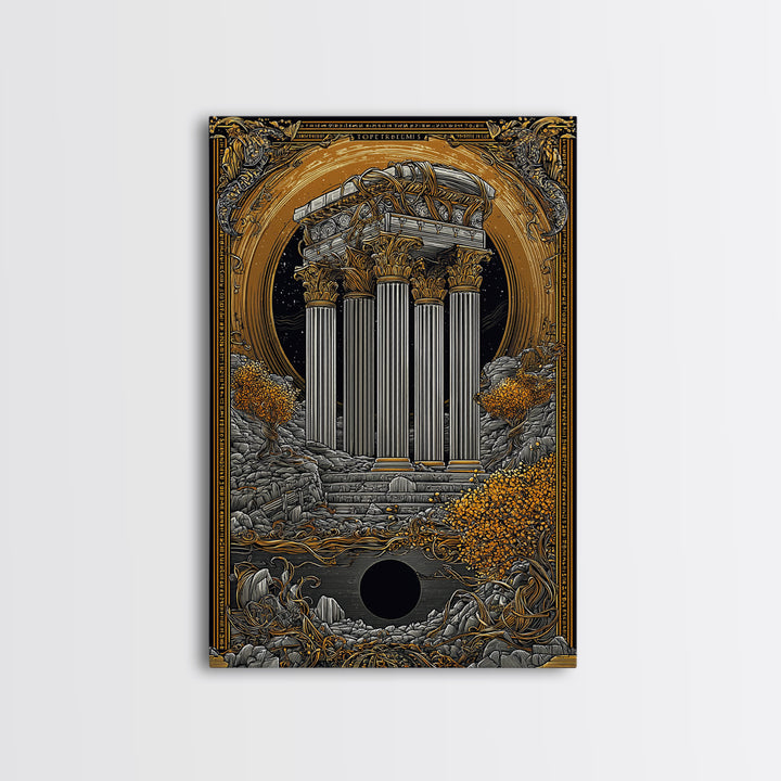 Ancient Greek Columns Canvas Gold Art, Ruins Wall Decor Canvas Print, Real Wood Frame Classical Architecture