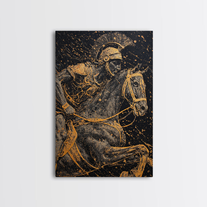 Spartan Horseback Warrior in Motion – Canvas Gold Art, Splatter Style Canvas Art, Ancient Greek Military Wall Decor