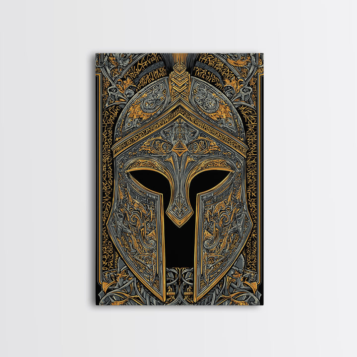 Runic-Inspired Spartan Helmet in Regal Filigree – Canvas Gold Art, Real Wood Framed Canvas Art, Ancient Warrior Wall Feature