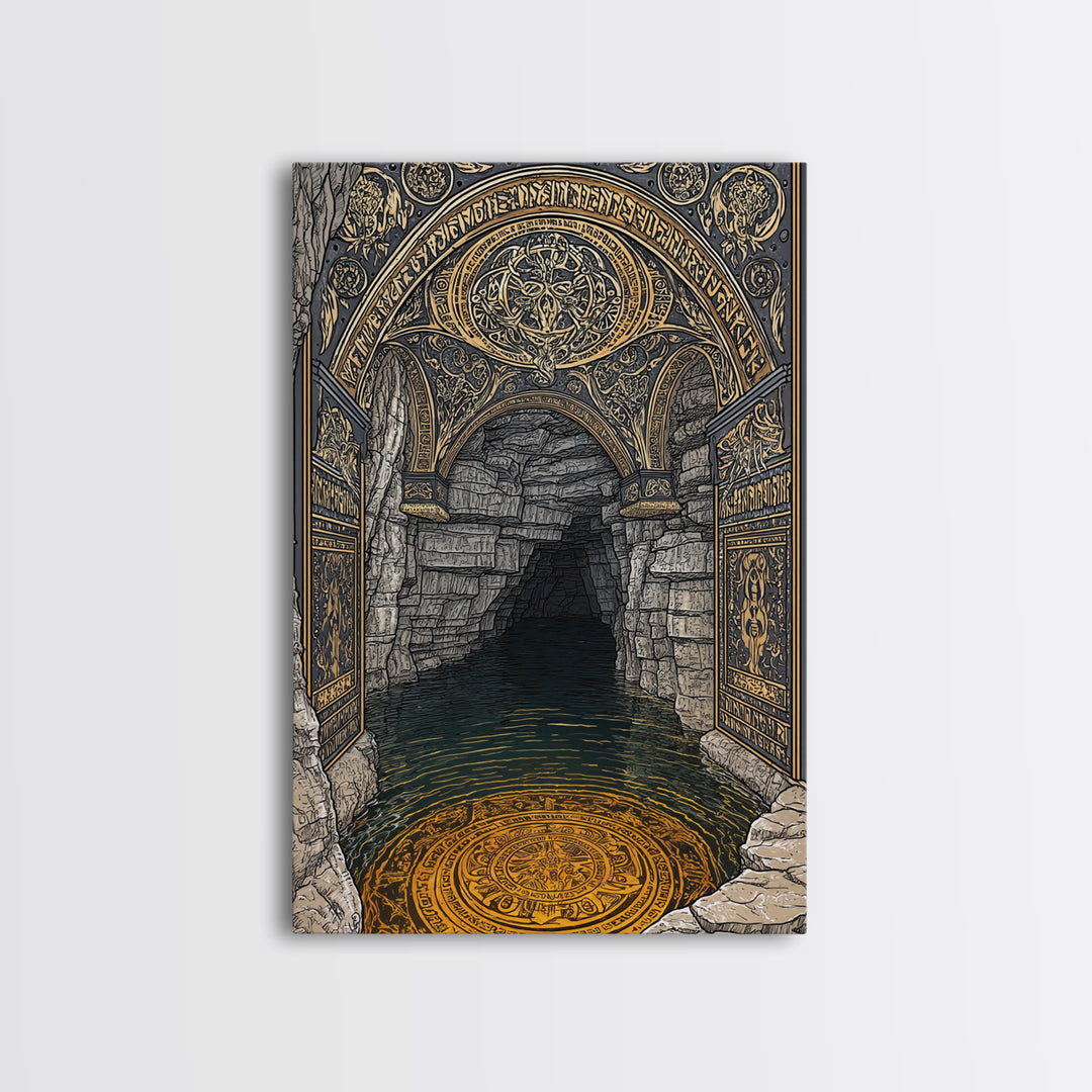 Golden Cave Entrance Canvas Gold Canvas Print, Mythology Inspired Wall Art, Real Wood Frame Ancient Greece Decor